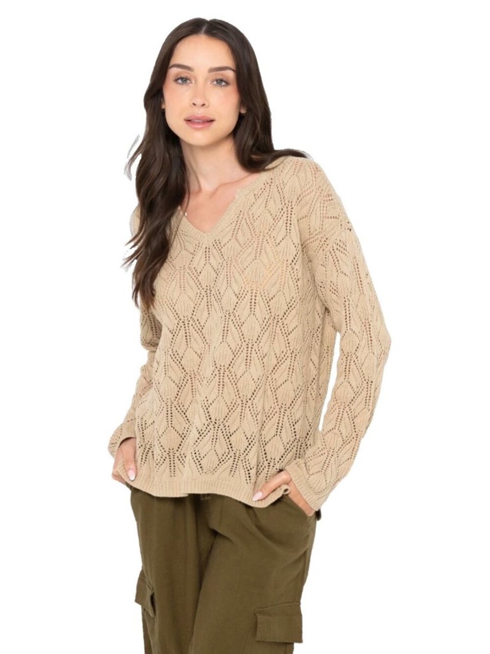 Peace Love World  Boheme Open Stich Sweater Oat Color V Neck Relaxed Fit Size L
